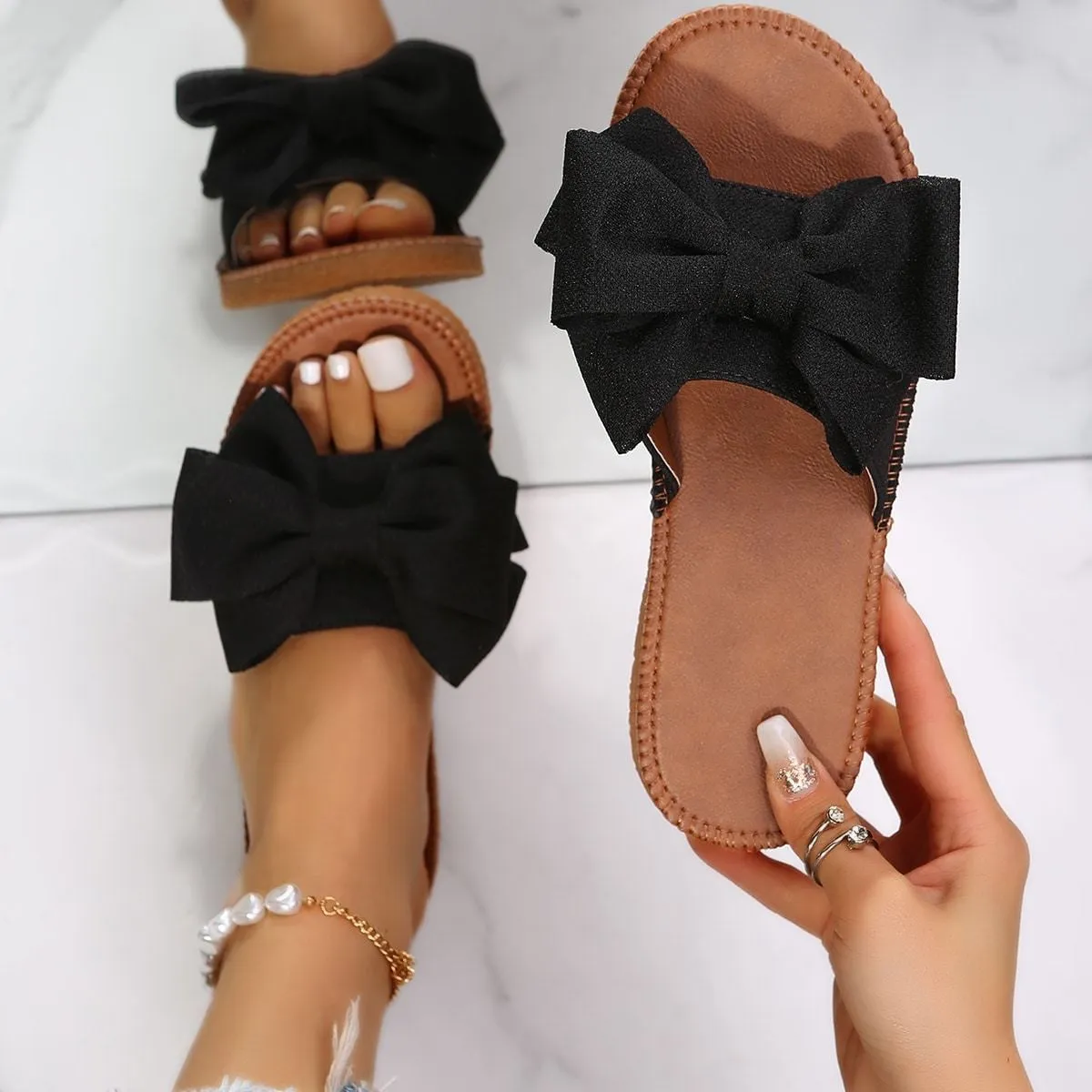 2024 Summer New Women's Slippers with Bowknot, Soft Sole, and Plus Size – Perfect for Resort Style