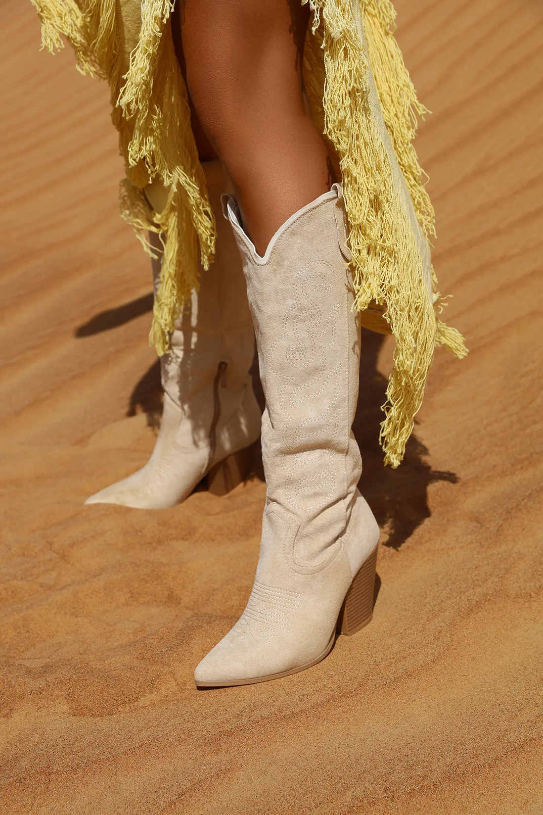 AMBER TURNER 'INTO THE DESERT' FAUX SUEDE CREAM COWBOY BOOTS