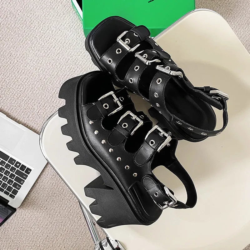 Aurat Gothic Platform Sandals - Black & White Leather by The Nevermore