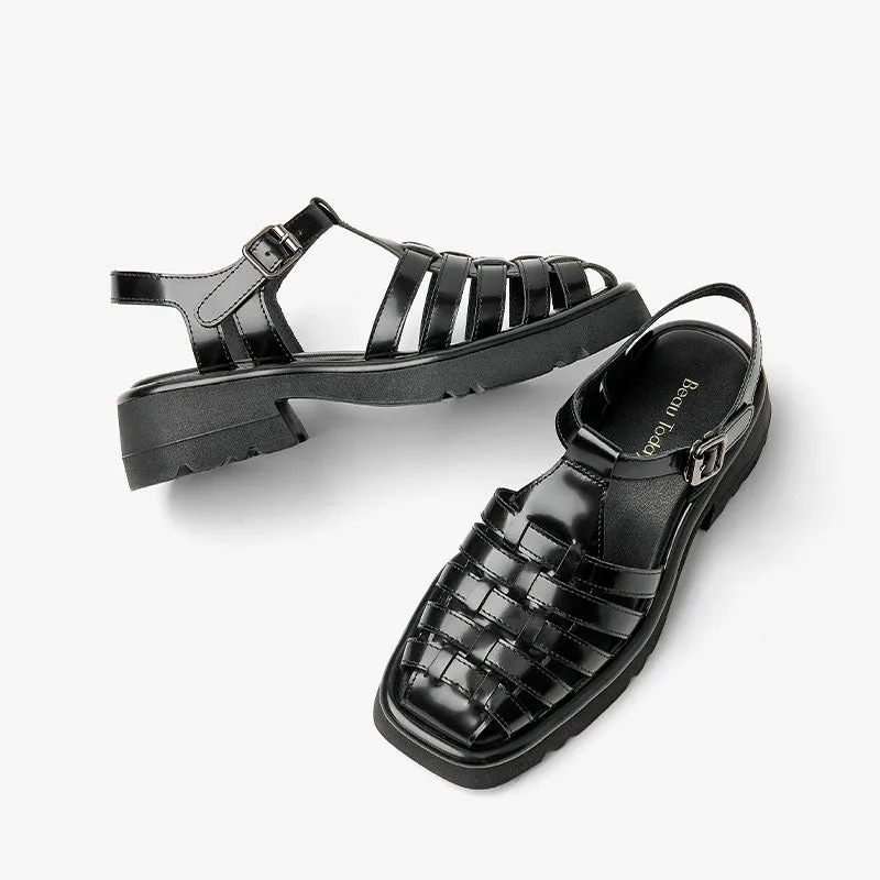 Beau Today Leather Gladiator Chunky Fisherman Sandals with Buckle Strap for Women