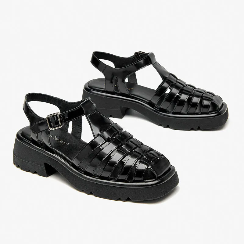 Beau Today Leather Gladiator Chunky Fisherman Sandals with Buckle Strap for Women