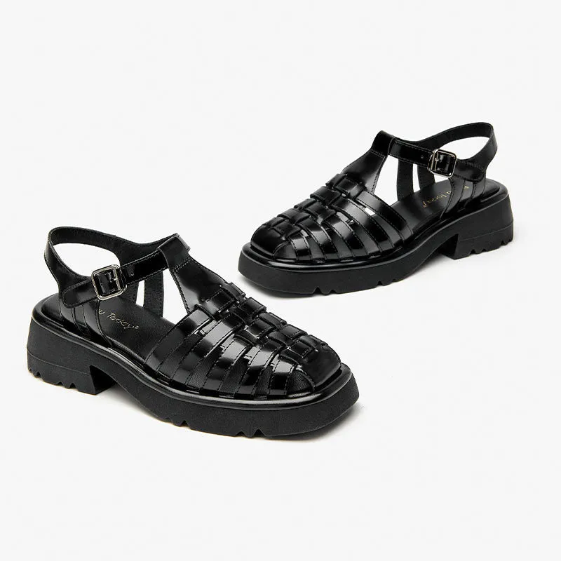 Beau Today Leather Gladiator Chunky Fisherman Sandals with Buckle Strap for Women