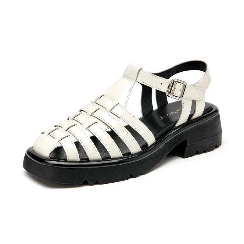 Beau Today Leather Gladiator Chunky Fisherman Sandals with Buckle Strap for Women
