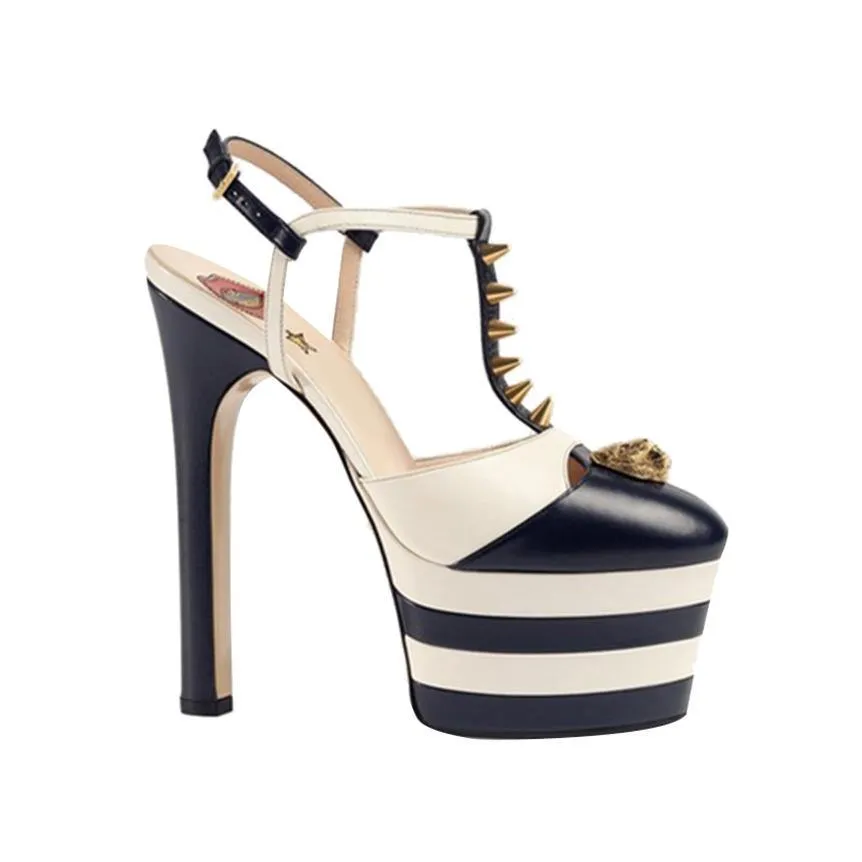 BESEY Striped T-Strap High Heel Platform Sandals