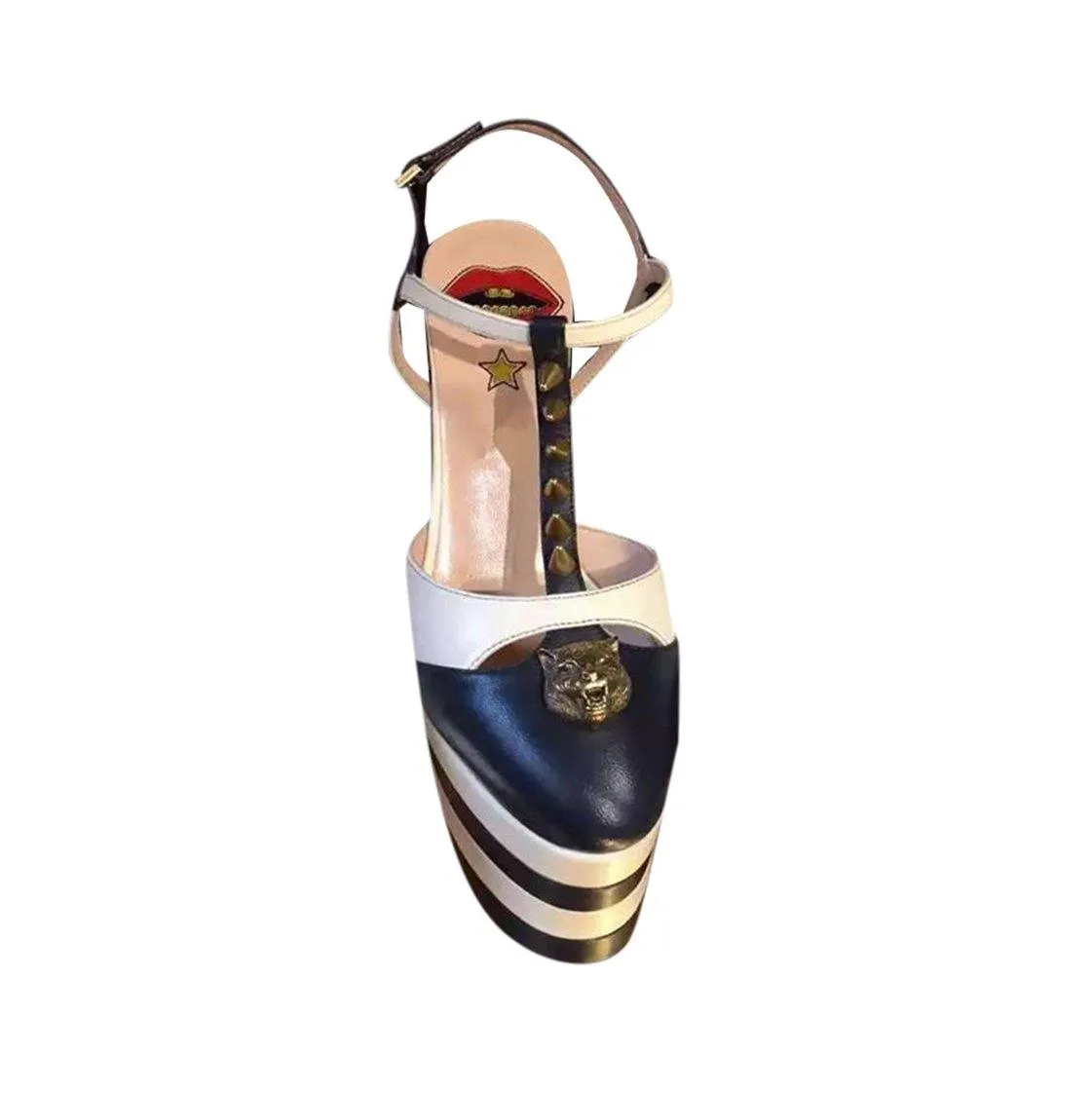 BESEY Striped T-Strap High Heel Platform Sandals