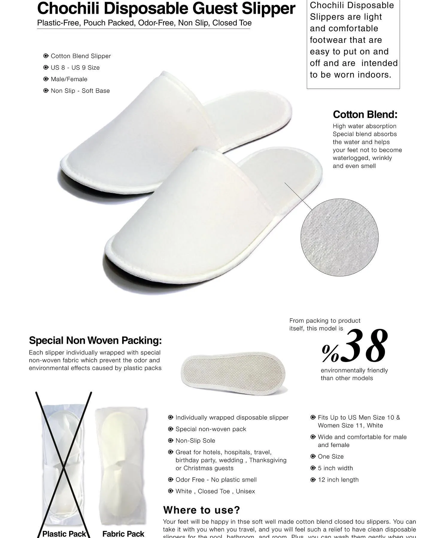 Chochili 420 Pairs Fabric Packed Non-Woven Disposable Hotel Slippers for Airbnb Spa Wedding Guests Adult Men Women Size 10-11, White