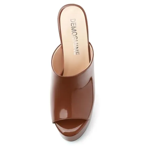DEMOSHINE Dark Brown Platform Chunky Heels Sandals for Women Patent Slip on Open Peep Toe Slide on Block High Heels Sexy Club Party Candies Shoes 6 Inch Size 9