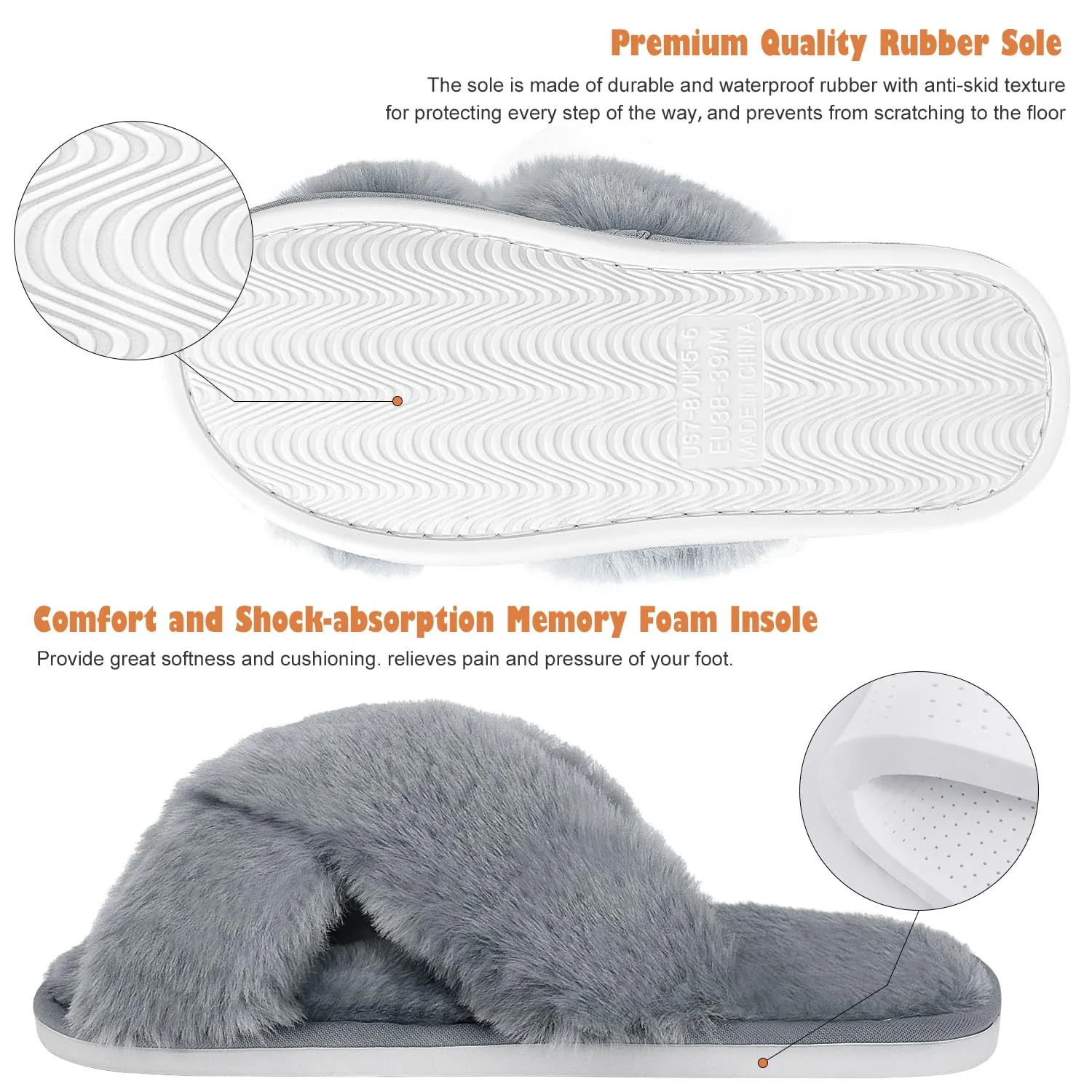 DOIOWN Women's Fuzzy Slippers Memory Foam Cute House Slippers Plush Fluffy Furry Open Toe Home Shoes Bridal Bridesmaid Gifts for Wedding (Grey,Size 9-10)