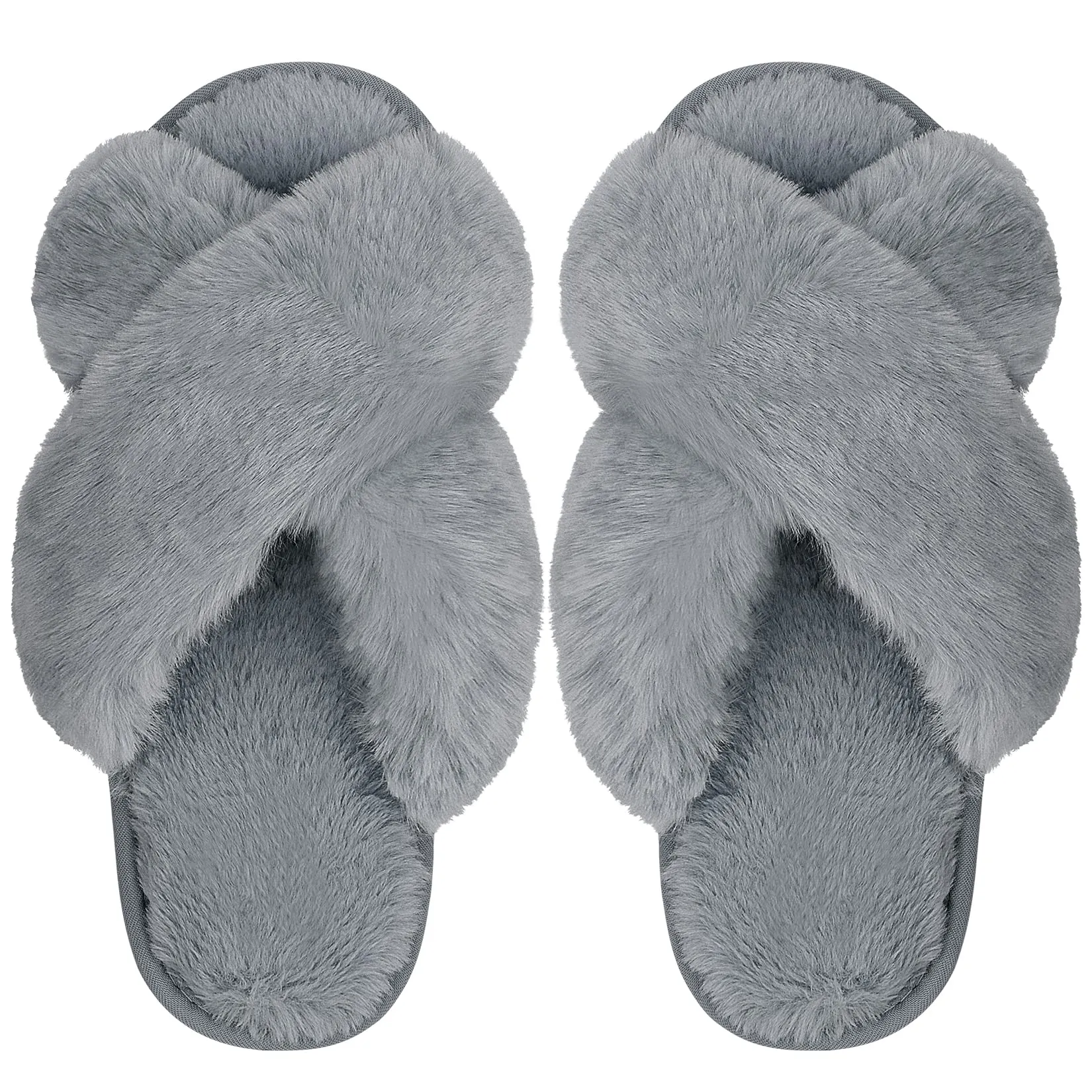 DOIOWN Women's Fuzzy Slippers Memory Foam Cute House Slippers Plush Fluffy Furry Open Toe Home Shoes Bridal Bridesmaid Gifts for Wedding (Grey,Size 9-10)