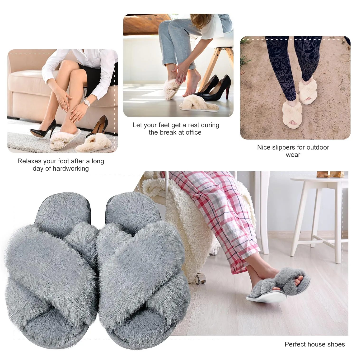 DOIOWN Women's Fuzzy Slippers Memory Foam Cute House Slippers Plush Fluffy Furry Open Toe Home Shoes Bridal Bridesmaid Gifts for Wedding (Grey,Size 9-10)