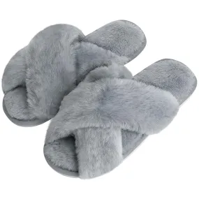DOIOWN Women's Fuzzy Slippers Memory Foam Cute House Slippers Plush Fluffy Furry Open Toe Home Shoes Bridal Bridesmaid Gifts for Wedding (Grey,Size 9-10)