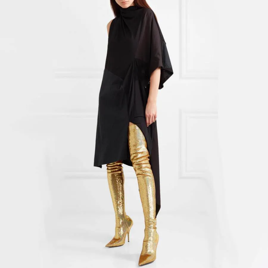 High Heel Glitter Pointed Toe Thigh High Boots