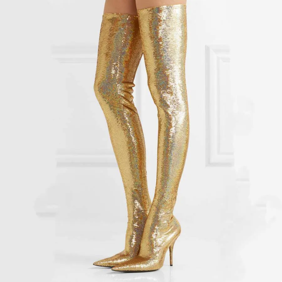 High Heel Glitter Pointed Toe Thigh High Boots