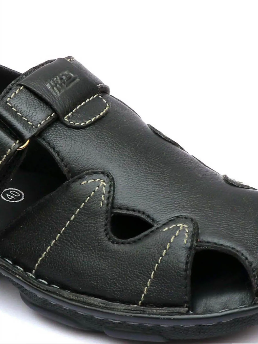 Hitz Men's Black Leather Open Toe Comfort Sandals with Velcro Closure