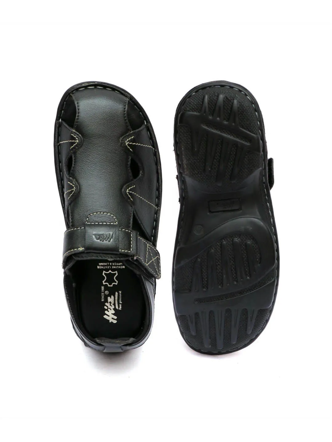 Hitz Men's Black Leather Open Toe Comfort Sandals with Velcro Closure