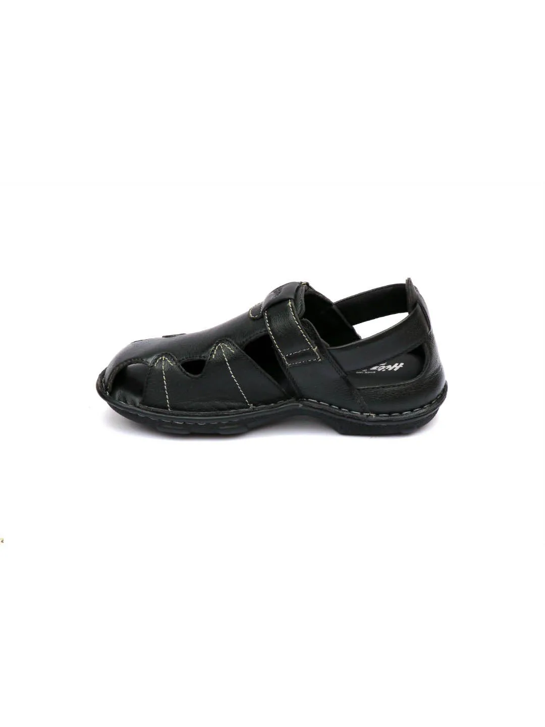 Hitz Men's Black Leather Open Toe Comfort Sandals with Velcro Closure