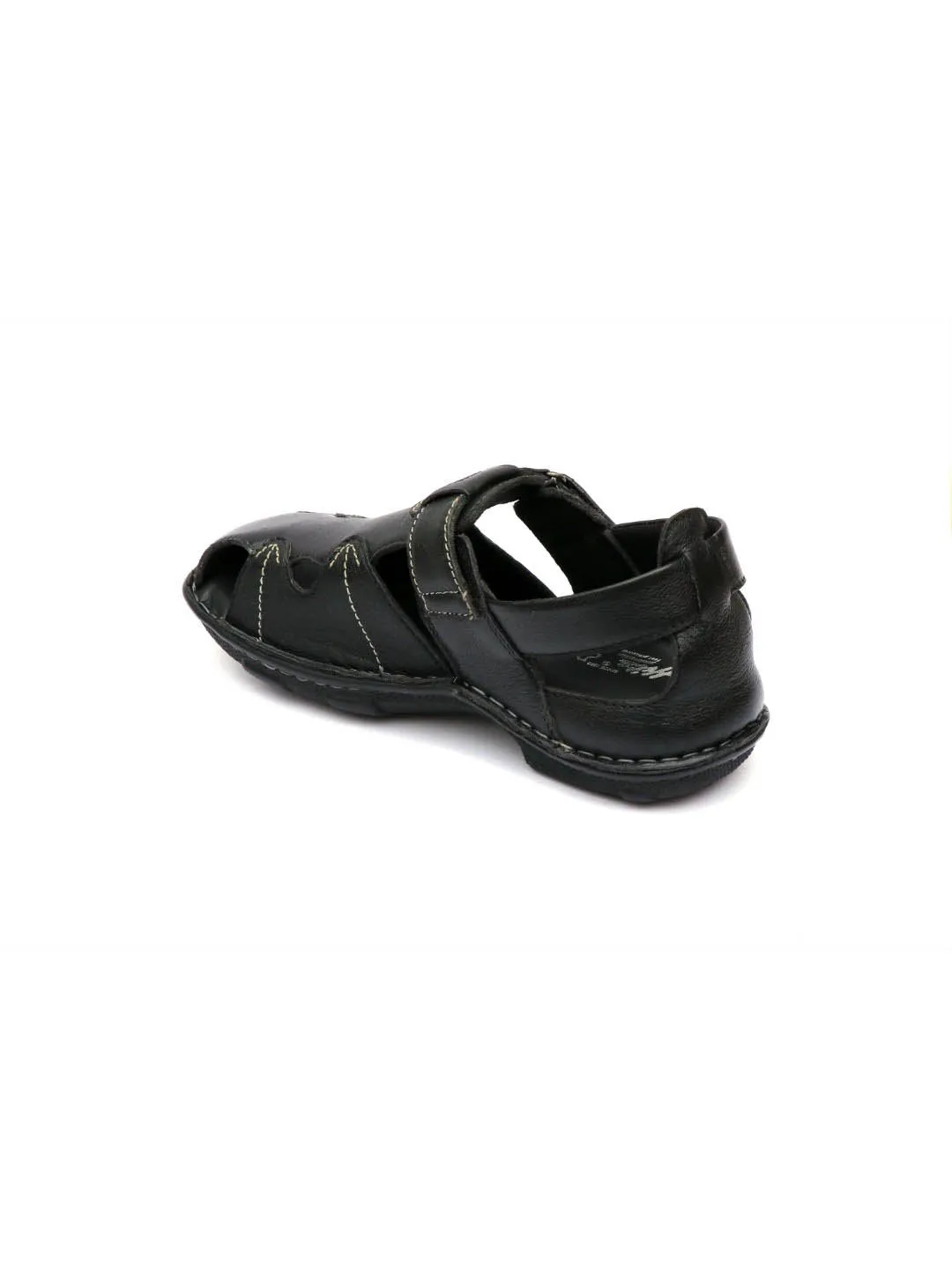 Hitz Men's Black Leather Open Toe Comfort Sandals with Velcro Closure