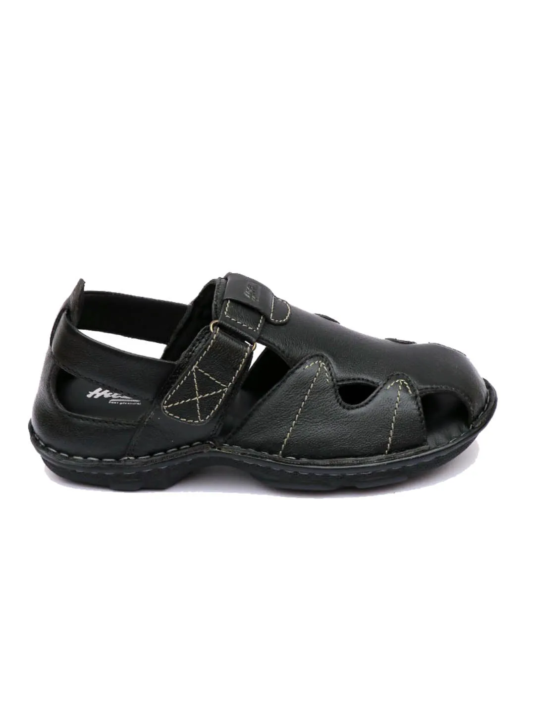 Hitz Men's Black Leather Open Toe Comfort Sandals with Velcro Closure