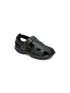 Hitz Men's Black Leather Open Toe Comfort Sandals with Velcro Closure