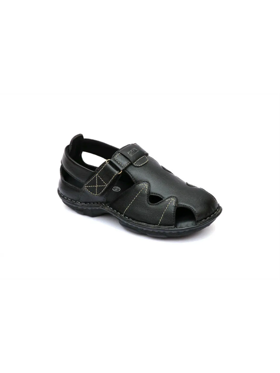 Hitz Men's Black Leather Open Toe Comfort Sandals with Velcro Closure