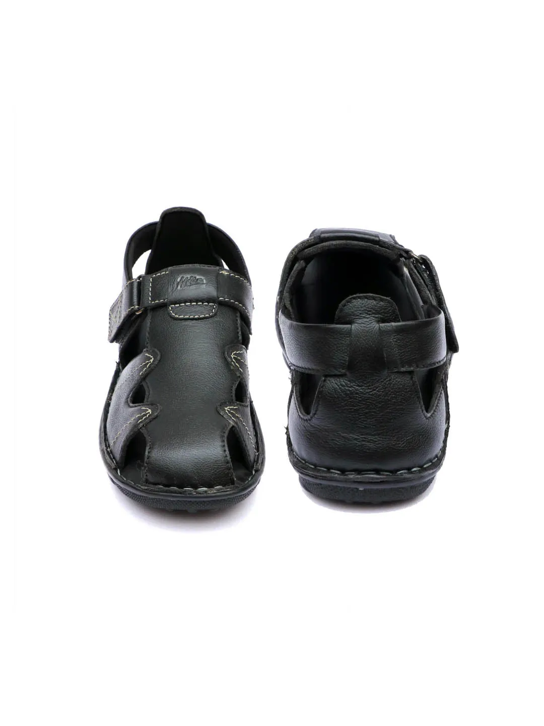 Hitz Men's Black Leather Open Toe Comfort Sandals with Velcro Closure