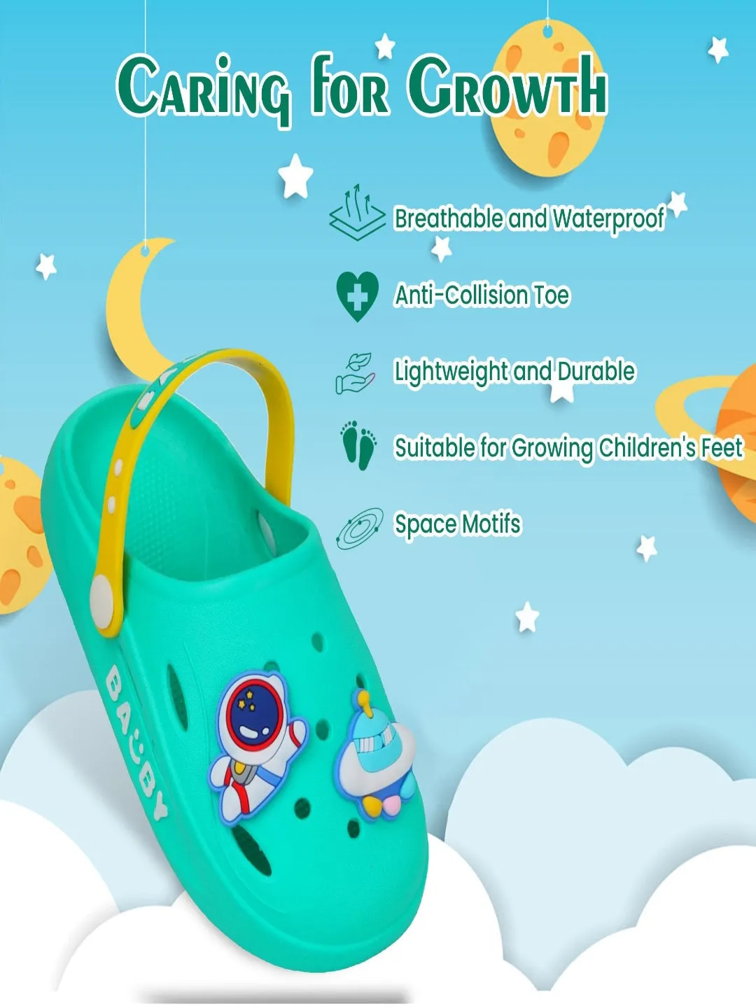 Little Astronaut Green Space Motif Clogs for Toddlers