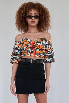 Orange Camo Off The Shoulder Puff Sleeve Crop Top