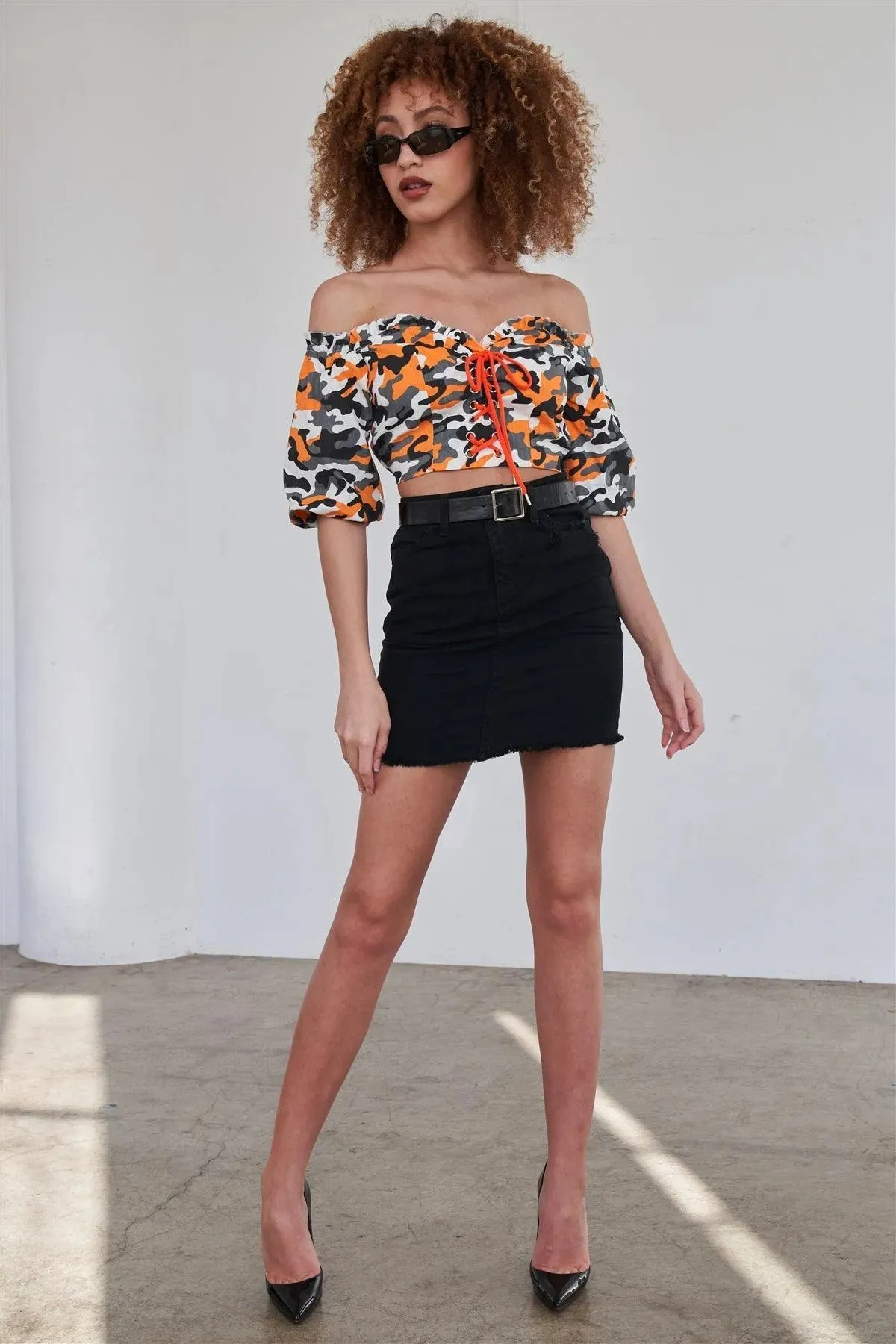 Orange Camo Off The Shoulder Puff Sleeve Crop Top