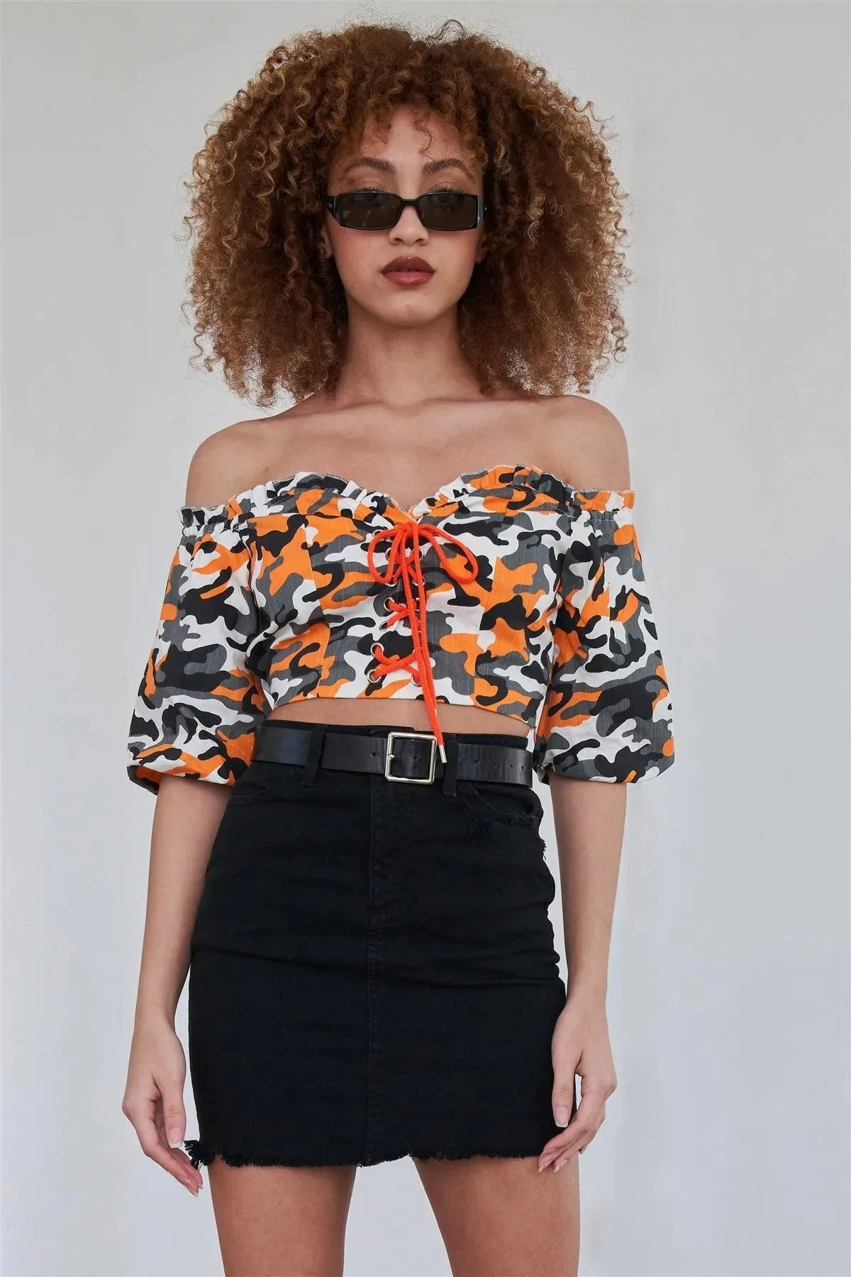 Orange Camo Off The Shoulder Puff Sleeve Crop Top