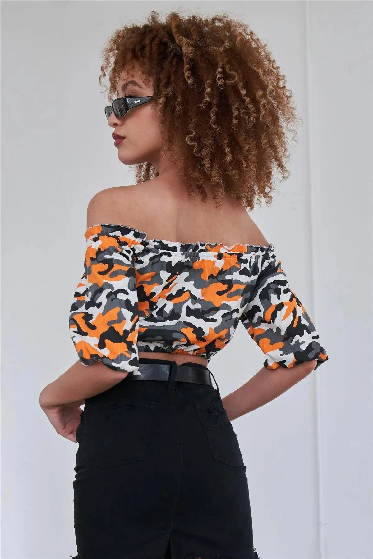Orange Camo Off The Shoulder Puff Sleeve Crop Top