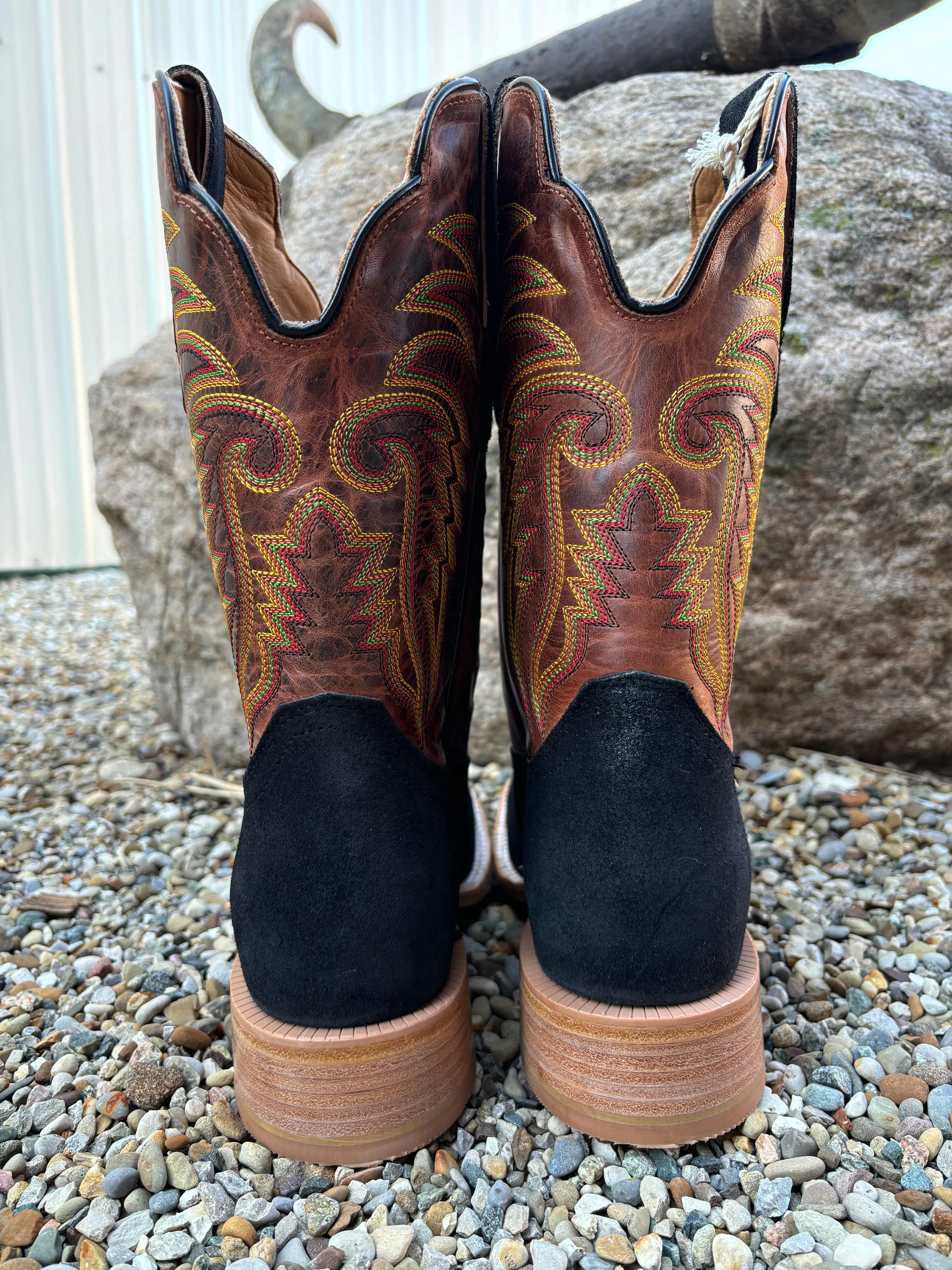 R. Watson Men's Black Roughout & Desert Meil Wide Square Toe Western Cowboy Boots RW8036-2