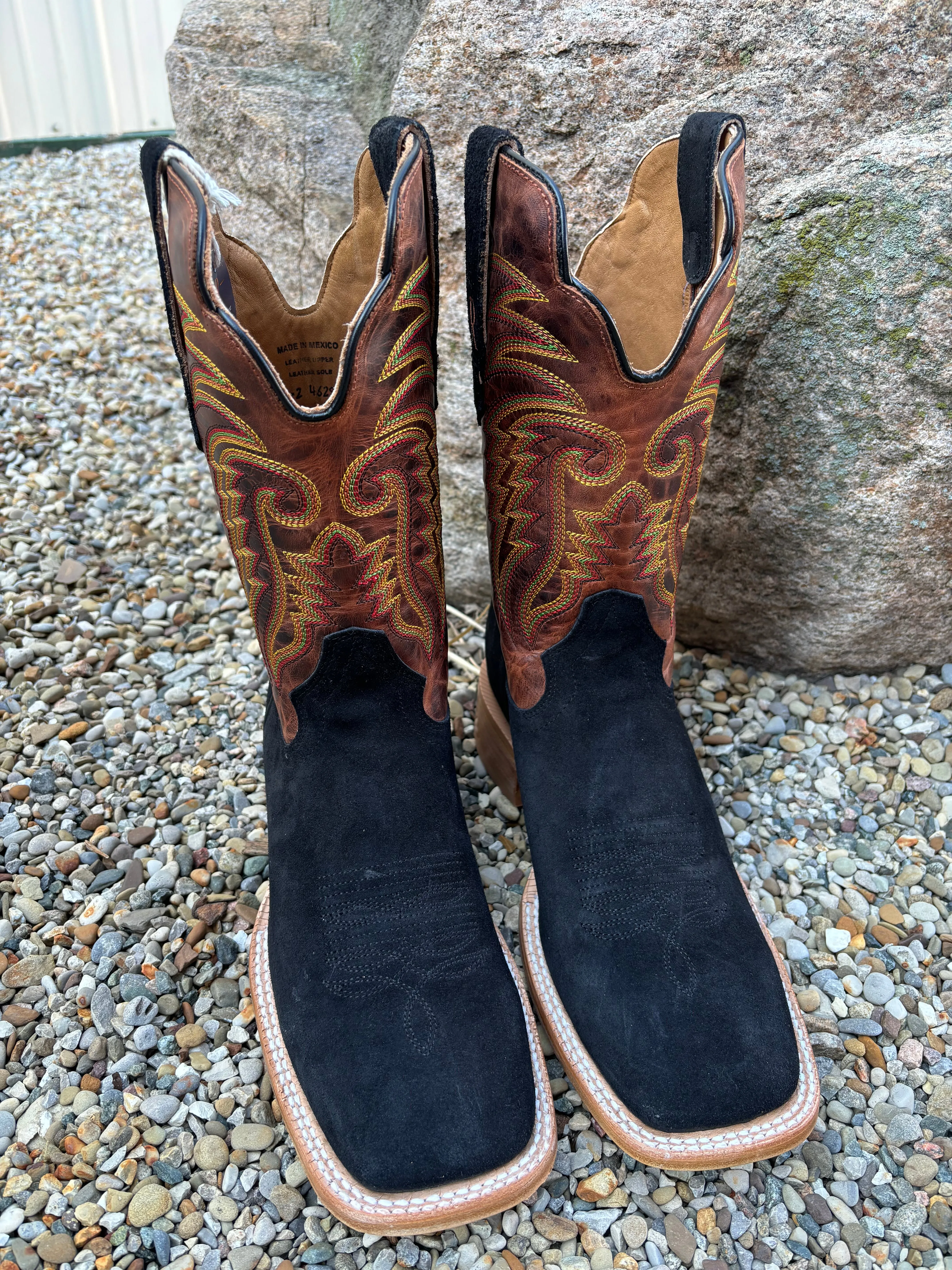 R. Watson Men's Black Roughout & Desert Meil Wide Square Toe Western Cowboy Boots RW8036-2