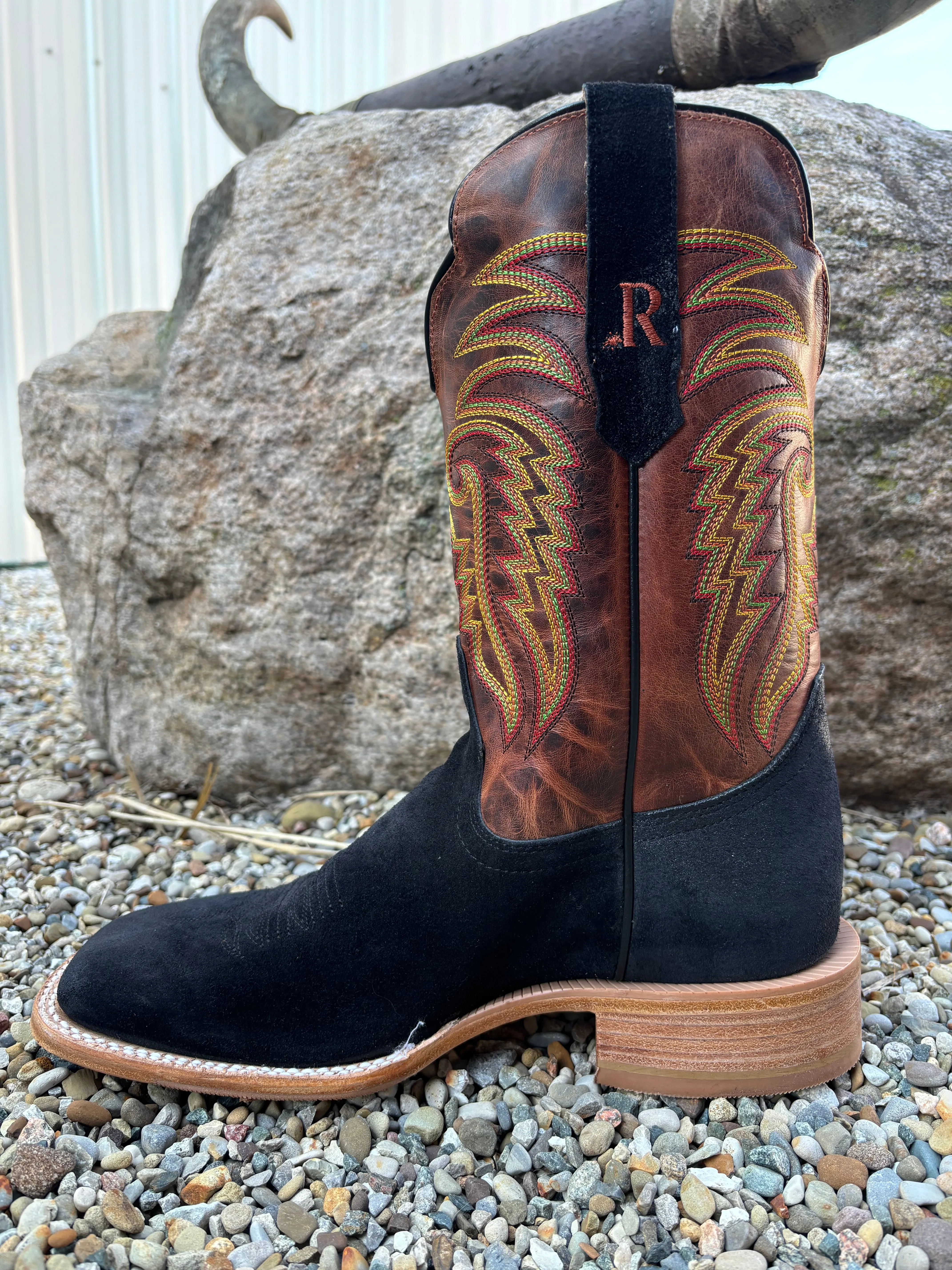 R. Watson Men's Black Roughout & Desert Meil Wide Square Toe Western Cowboy Boots RW8036-2