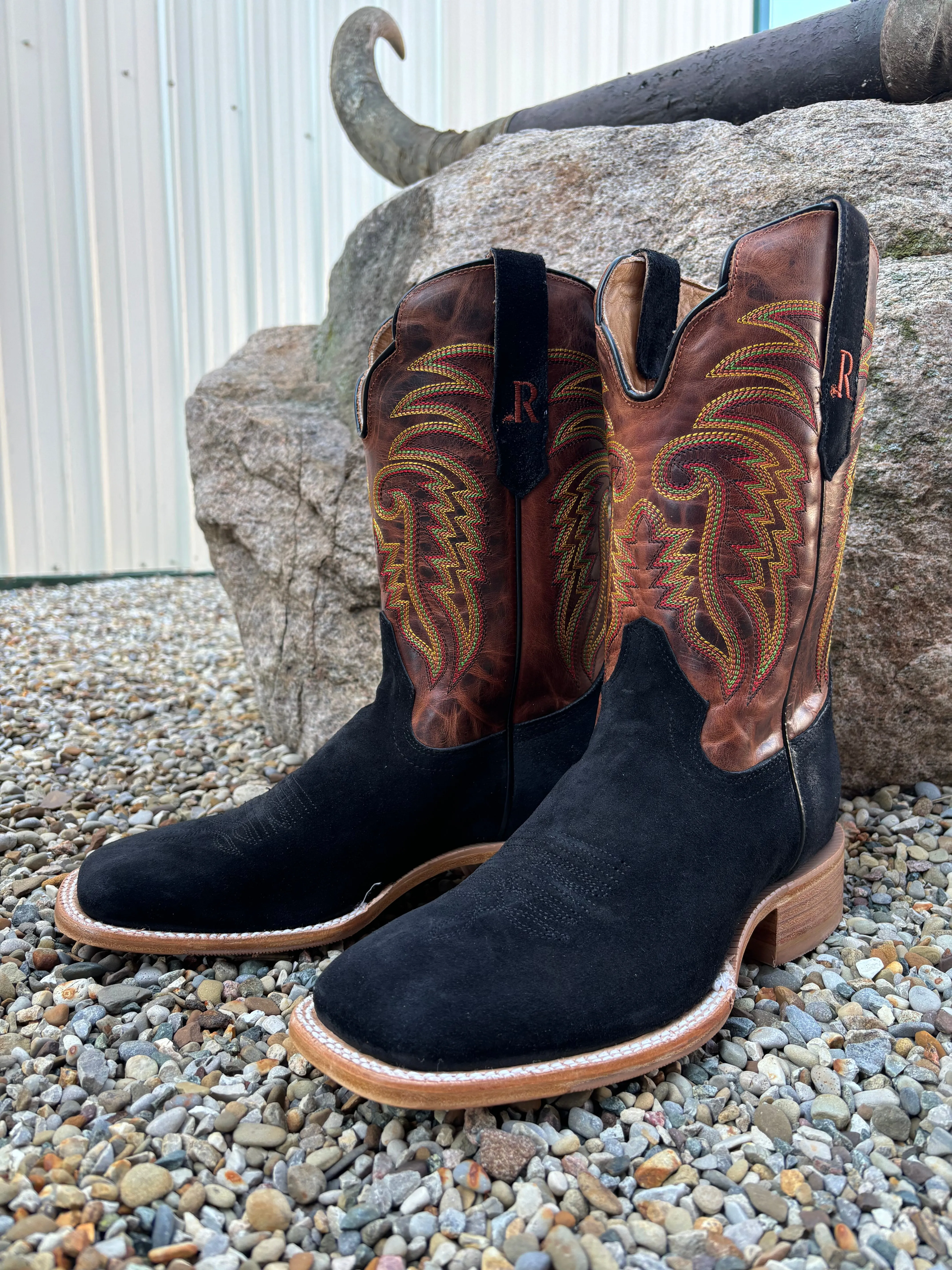 R. Watson Men's Black Roughout & Desert Meil Wide Square Toe Western Cowboy Boots RW8036-2