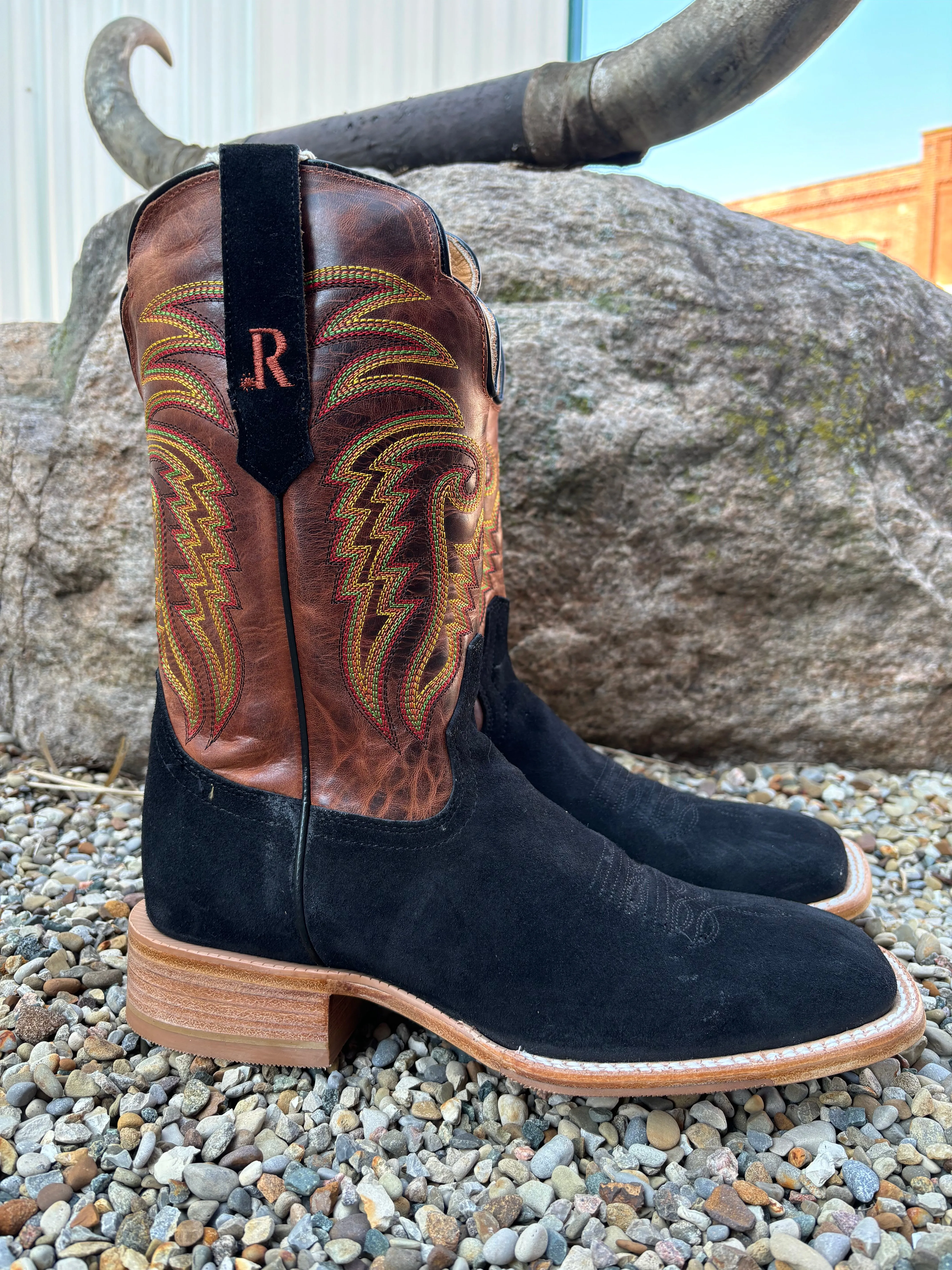 R. Watson Men's Black Roughout & Desert Meil Wide Square Toe Western Cowboy Boots RW8036-2
