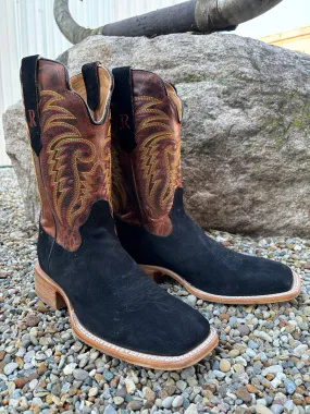 R. Watson Men's Black Roughout & Desert Meil Wide Square Toe Western Cowboy Boots RW8036-2