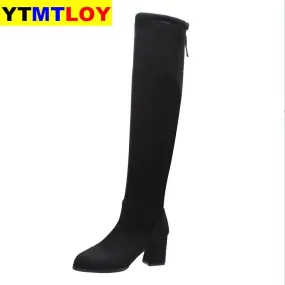 Sexy Slim Fit Elastic Flock Over The Knee Boots Women shoes Autumn Winter ladies high heel Long Thigh Size 35-40