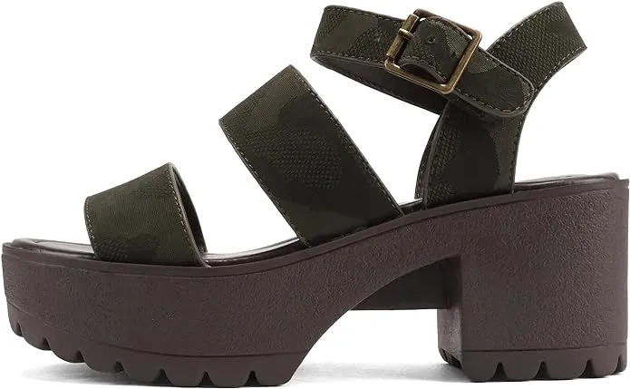 Soda Account Camouflage Ankle Strap Round Open Toe Strappy Block Heeled Sandals