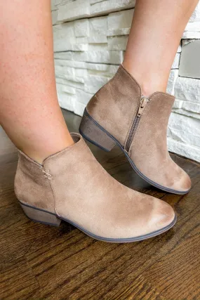 Suede Casual Low Heel Ankle Bootie in Taupe