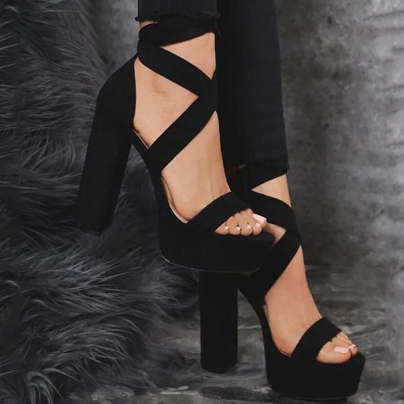 Suede Platform Strap Chunky Heel Sandals