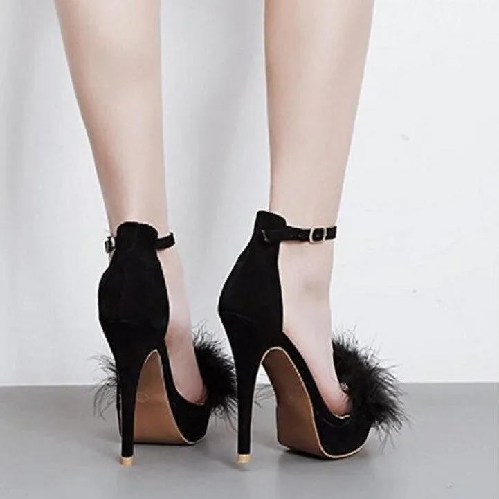 Tucomosi Women Party Shoe Pumps Round Toe Stiletto Platform with Feather