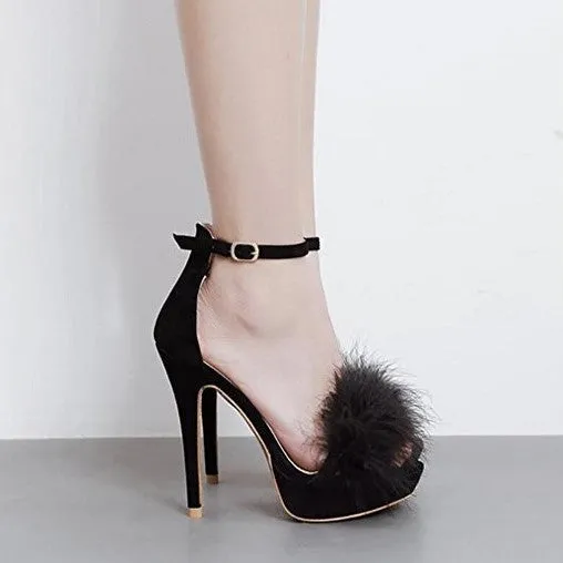 Tucomosi Women Party Shoe Pumps Round Toe Stiletto Platform with Feather
