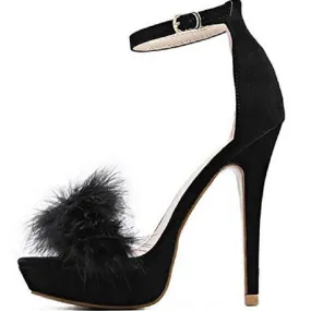 Tucomosi Women Party Shoe Pumps Round Toe Stiletto Platform with Feather
