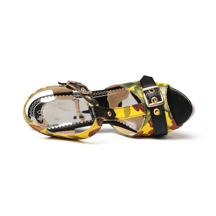 Women's Colorful Buckle T Ankle Strap Platform Chunky Heel Sandals
