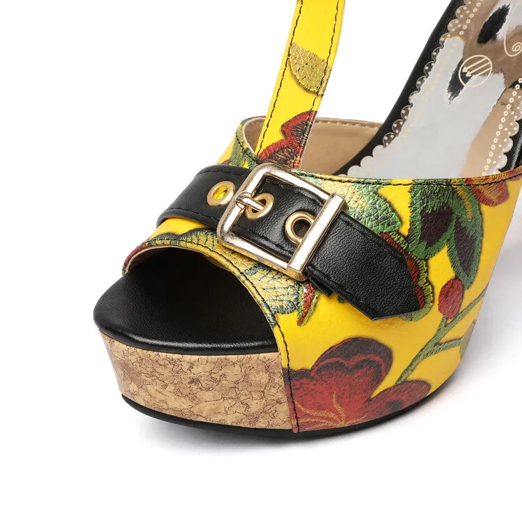 Women's Colorful Buckle T Ankle Strap Platform Chunky Heel Sandals