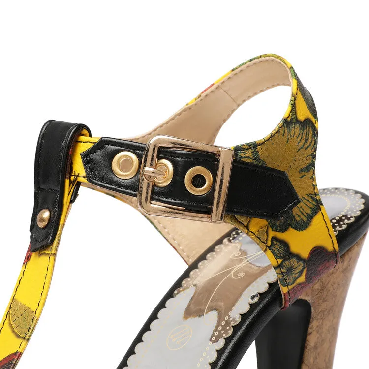Women's Colorful Buckle T Ankle Strap Platform Chunky Heel Sandals