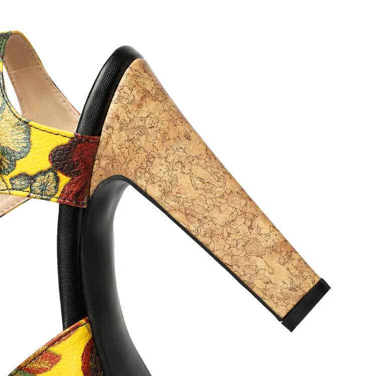 Women's Colorful Buckle T Ankle Strap Platform Chunky Heel Sandals