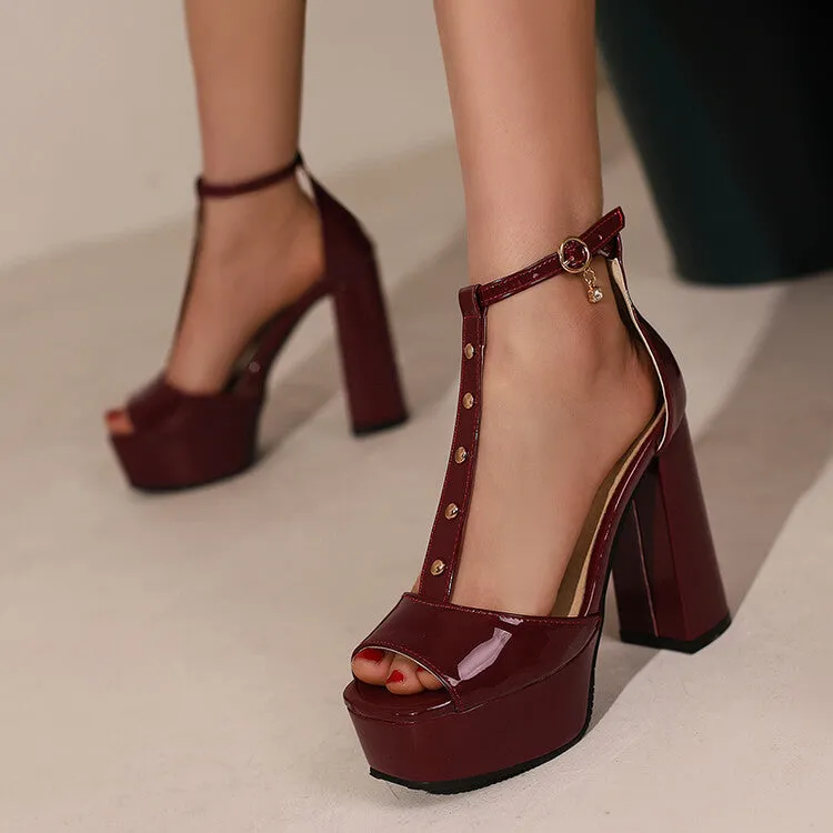 Women's Open Toe T Strap Rivets Cutout Chunky Heel Platform Sandals