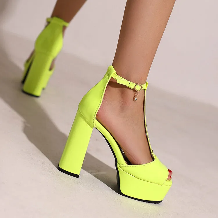 Women's Open Toe T Strap Rivets Cutout Chunky Heel Platform Sandals