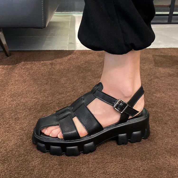 Women's Solid Color Hollow Out Roman Style Thick Sole Platform Sandals